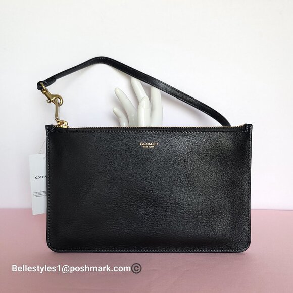 COACH New York Natural Grain Leather Top-Zip Pouch with Dog-clip Leash -Black ⭐ - Picture 7 of 16